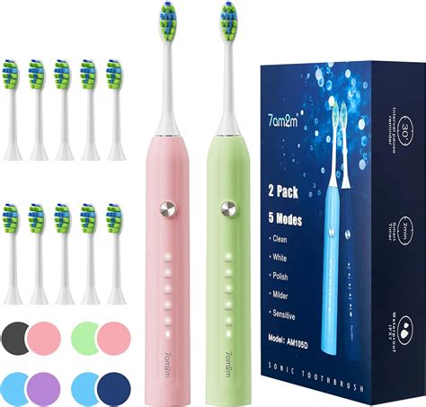 7am2m Rechargeable Sonic Electric Toothbrush 2 Pack Soft