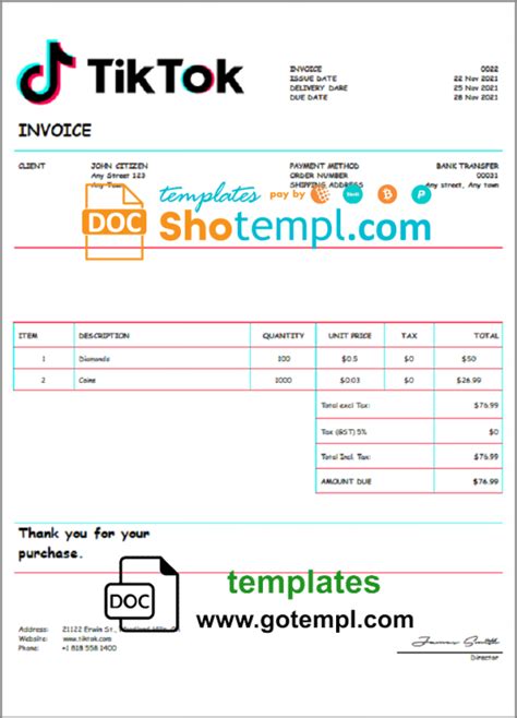 Usa Tik Tok Invoice Template In Word And Pdf Format Fully Editable