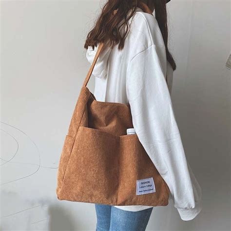 ALUWU Corduroy Tote Bag For Women Girl Canvas Shoulder Handbags Cute