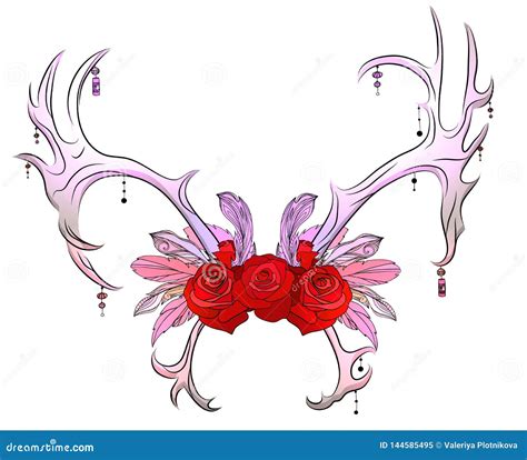 Color Drawing of Deer Antlers with Feathers, Beads and Roses. Tribal ...