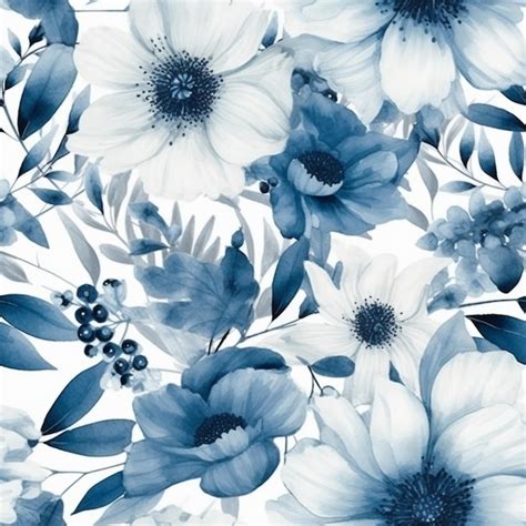 A Seamless Pattern With Blue Flowers On A White Background Premium