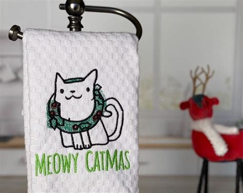 Cat Towel Christmas Towel Meowy Catmas Funny Towel Pun Kitchen Towel