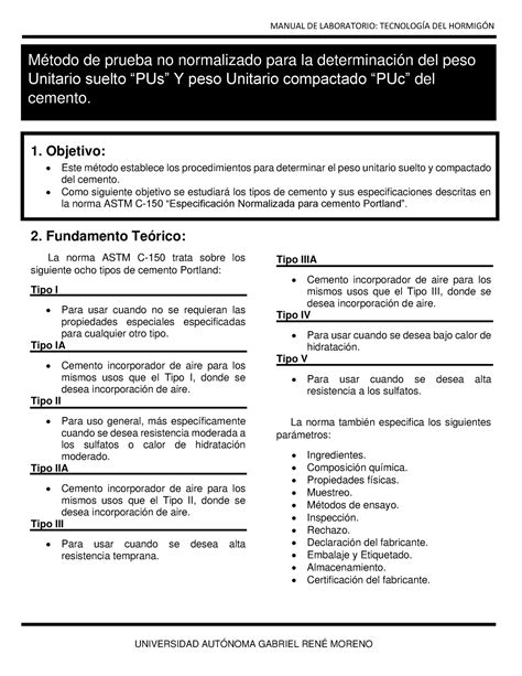 2 Peso unitario del cemento UNIVERSIDAD AUTÓNOMA GABRIEL RENÉ MORENO