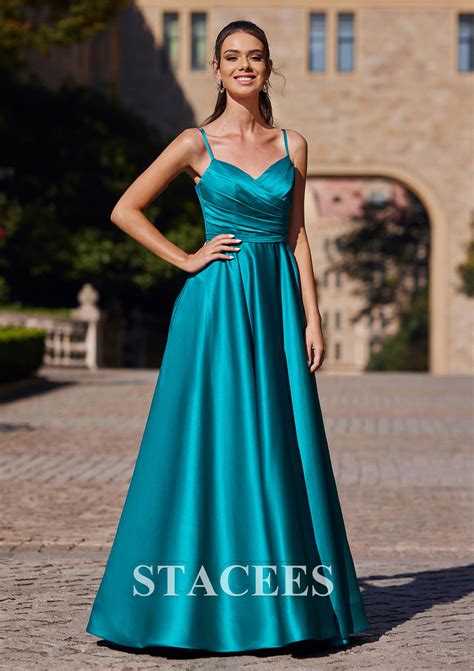 A Line V Neck Sleeveless Floor Length Satin Prom Dress With Pleated