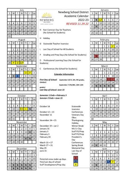 District REVISED Academic Calendar | Newberg Oregon School District