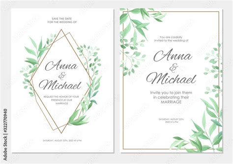 Wedding invitation with green leaves geometric border. Floral invite ...