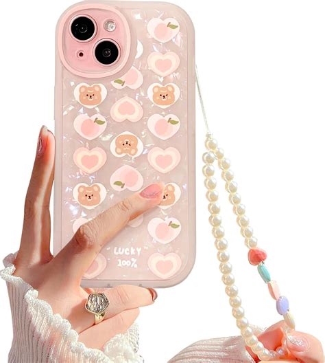 Nititop Compatible For Iphone 15 Case Cute Cartoon Bear Peach With Beaded Lanyard