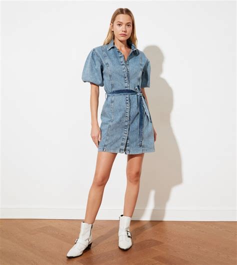 Buy Trendyol Belted Mini Denim Dress In Blue 6thStreet Bahrain