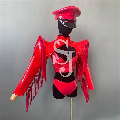 Red Dancer Performance Stage Costume Tassel Flying Shoulder Vest Bikini Nightclub Gogo Dance