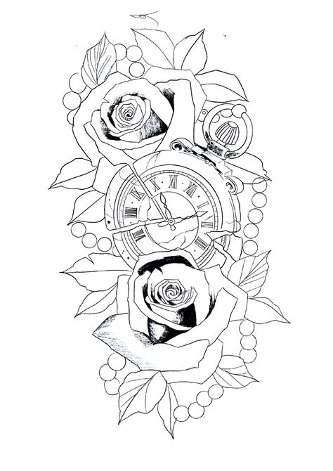 Outline Rose And Clock Tattoo Stencil Img Berry