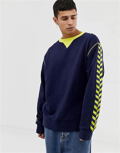 Collusion Regular Fit Navy Sweatshirt With Yellow Taping Asos