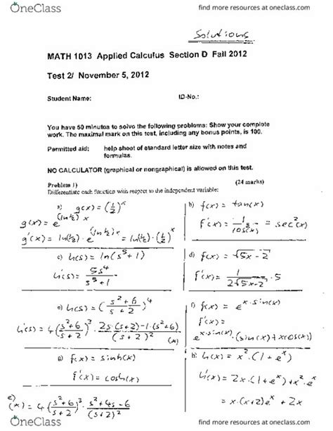 MATH 1013 Midterm MATH1013 Term Test 2 2012 Fall Solutions OneClass