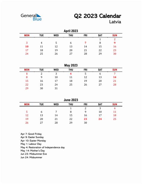 2023 Q2 Calendar With Holidays List For Latvia