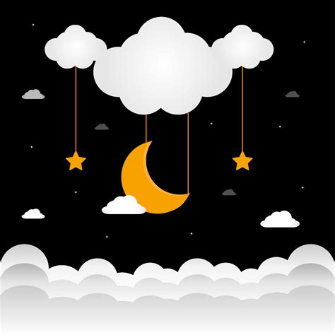 Sweet Dreams Crescent Moon Clouds And Stars On Black Night Background