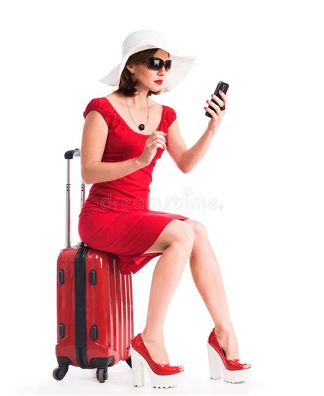 Girl With Telephone Sitting On Suitcase Stock Image Image Of Attractive Happy 61021321