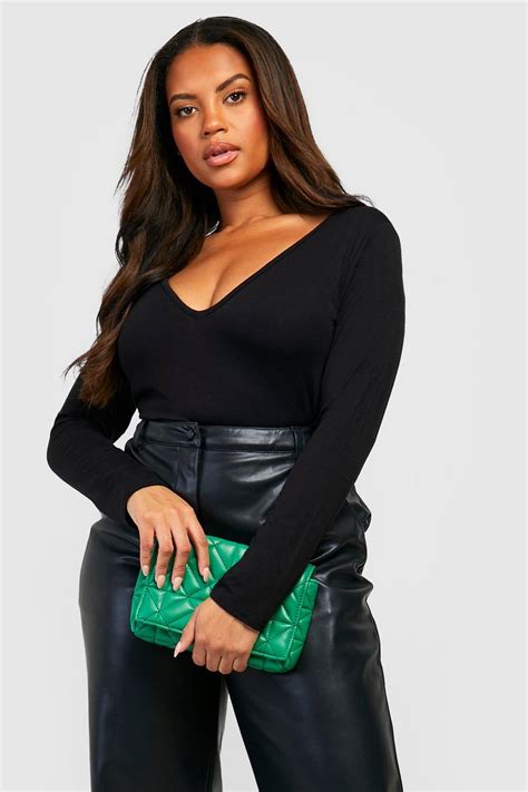 Womens Black Plus Plunge Basic Bodysuit Boohoo Uk