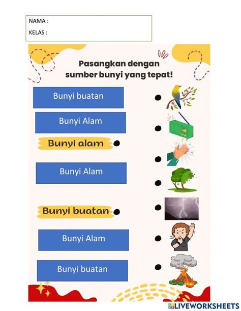 Memasangkan Bunyi Alam Dan Buatan Worksheet Seni Musik Belajar Teka