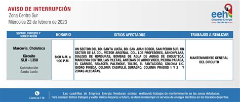 EEH anuncia cortes de energía para este miércoles 22 de febrero