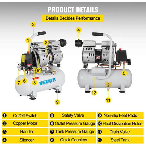 VEVOR Compresseur DAir Sans Huile 2 Gallons 9 L Compresseur