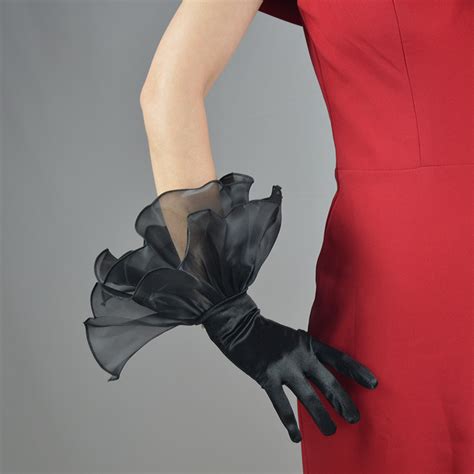 Evening Gloves Black Satin Gloves Flounces Resilient Wedding Dress