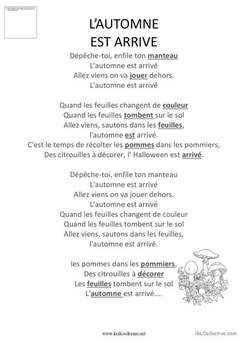 Chanson Trous L Automne Est Arriv Fran Ais Fle Fiches Pedagogiques