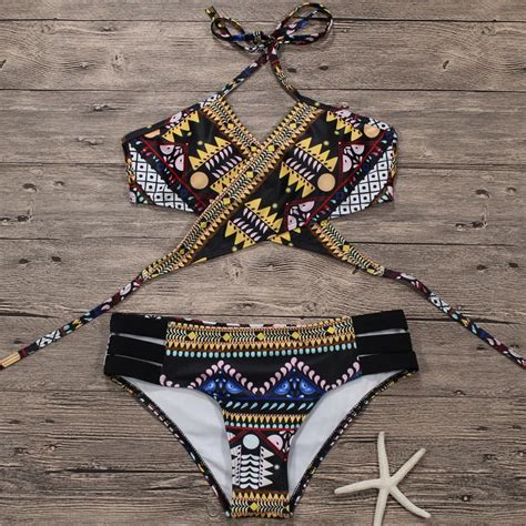 Cross Bandage Print Bikini Women Bikinis Swimsuit Hollow Out Strappy