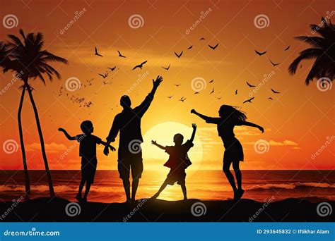 Silhouette of Happy Family Having Fun on the Beach at Sunset, Happy ...