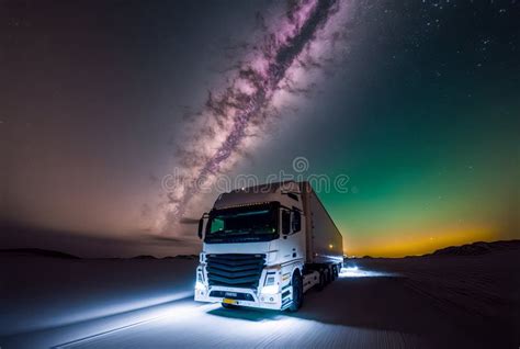 Freight Transport Truck On The Road With Beautiful Starry Sky And