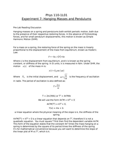 Phys Lab 7 Lab Report Phys 110 1L Experiment 7 Hanging Masses And