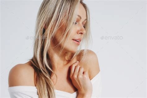 Beauty Portrait Of Sensual Blonde Smiling Woman Year Plus Clean Fresh Face With Close Eyes