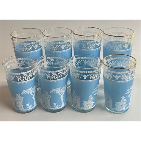 1950s Jeanette Hellenic Wedgwood Blue Jasperware Highball Tumblers And Lowball Rocks Glasses