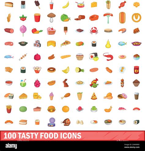 100 Tasty Food Icons Set Cartoon Style Stock Vector Image Art Alamy