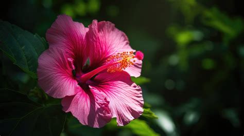 A Pink Hibiscus Flower With Green Leaves