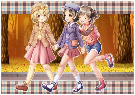 Safebooru 3girls D Akagi Miria Ankle Lace Up Autumn Leaves