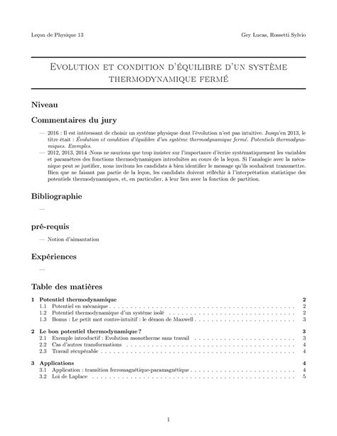 Evolution Et Condition D Quilibre D Un Syst Me Thermodynamique Ferm