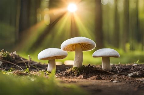 Premium Photo Three Mushrooms In The Grass With The Sun Shining On Them