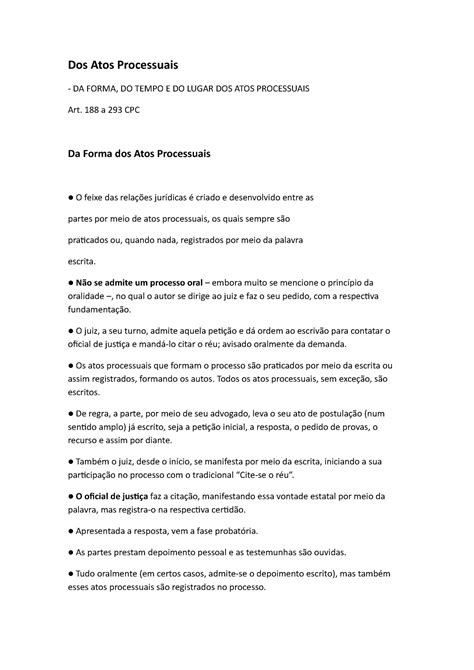 Dos Atos Processuais Resumo Direito Processual Civil I Dos Atos