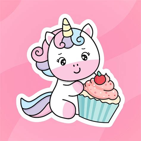 Unicórnio fofo de desenho animado comendo cupcake desenhado à mão