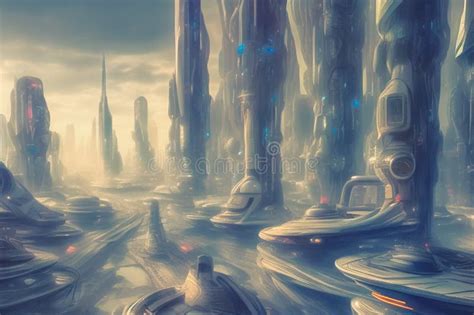 Fantasy futuristic city stock illustration. Illustration of downtown ...