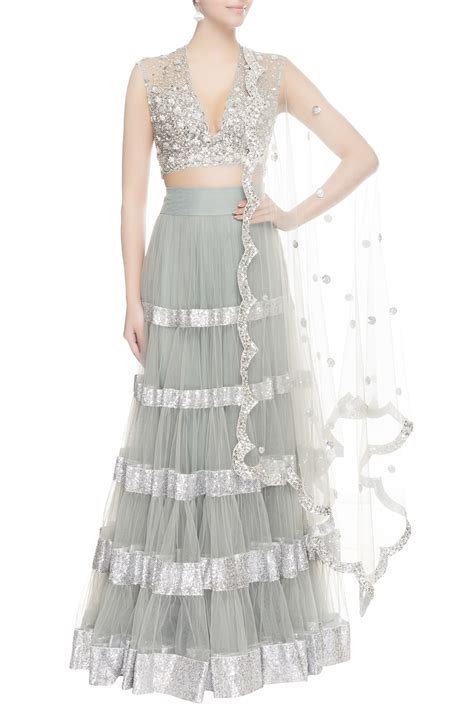 Buy Grey Net Embroidered Sequin Work V Neck Lehenga With For Women By