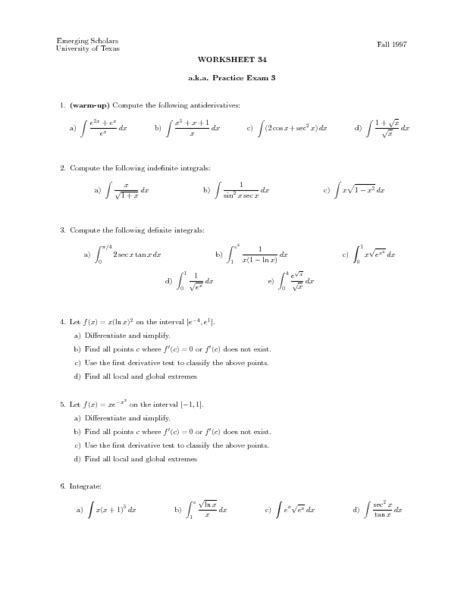 Worksheet 34 - Antiderivatives Lesson Plan for Higher Ed | Lesson Planet