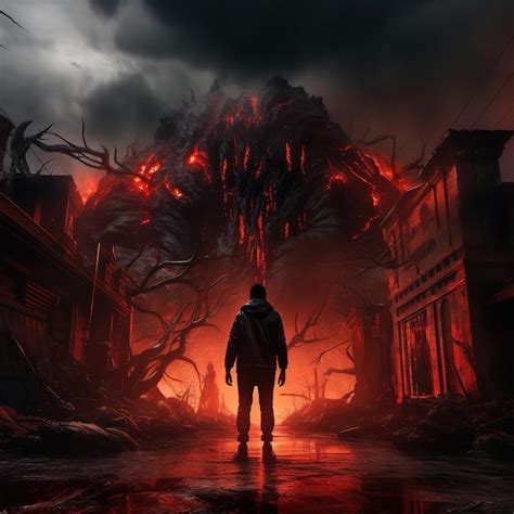 Premium Ai Image A Man Walks Down A Dark Street With A Red Dragon In