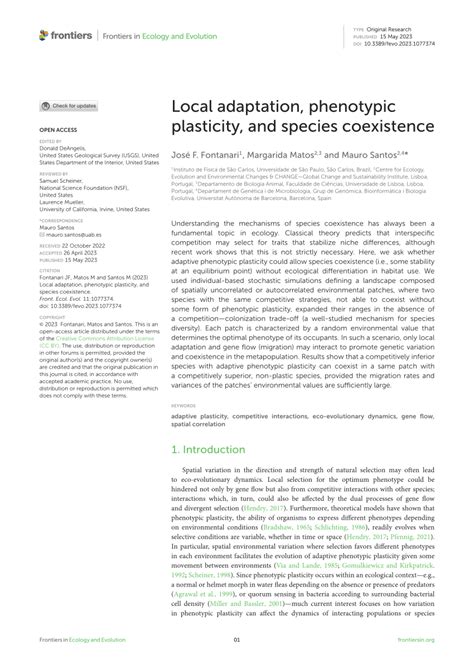 Pdf Local Adaptation Phenotypic Plasticity And Species Coexistence