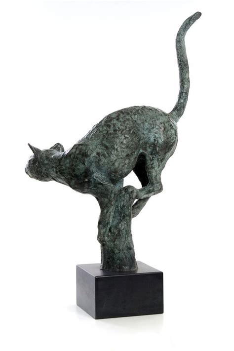 A Sculpture Titled Cleo Bronze Balancing Small Cat Poised On Post Statue By Artist Gill