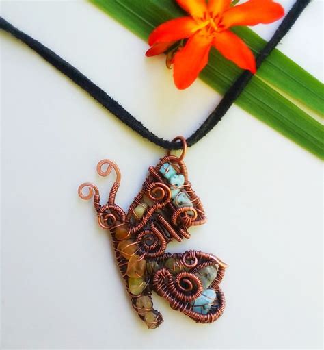 Copper Wire Wrapped Butterfly Necklace Turquoise And Citrine Etsy