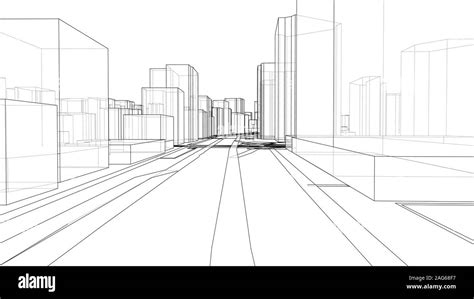 A schematic drawing or sketch of a 3D city with buildings and roads. Outline style. 3D ...