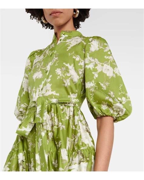 Erdem Dalia Tiered Floral Print Cotton Maxi Shirt Dress In Green Lyst