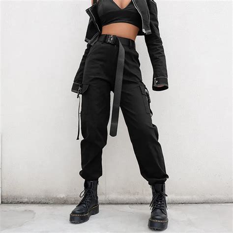 Black High Waist Cargo Pants Women Pockets Patchwork Loose Streetwear ...