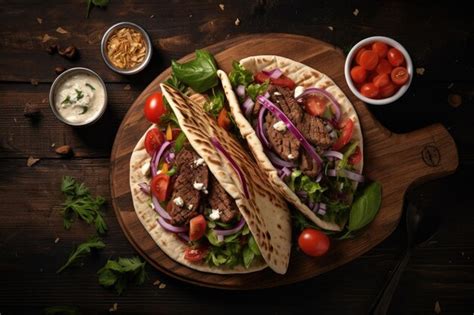 Premium AI Image | Greek gyro in pita with veggies sauce wood backdrop ...