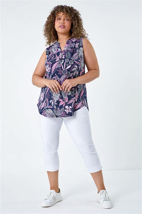 Pink Curve Textured Floral Print Stretch Top Roman UK